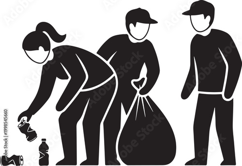 Volunteer community cleanup vector icon, group of people picking up litter and trash, environmental protection and recycling concept illustration