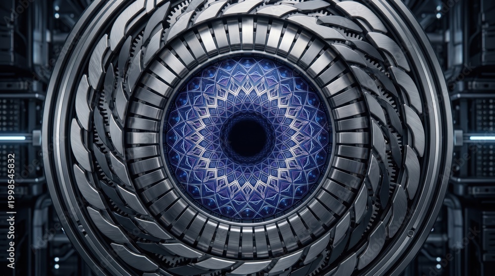Fototapeta premium Intricate metallic circular structure with a mesmerizing blue kaleidoscopic pattern at its center
