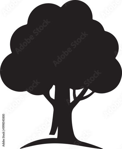 Minimalist tree silhouette vector, solid black deciduous tree icon, simple nature plant shape for logo design and environmental branding