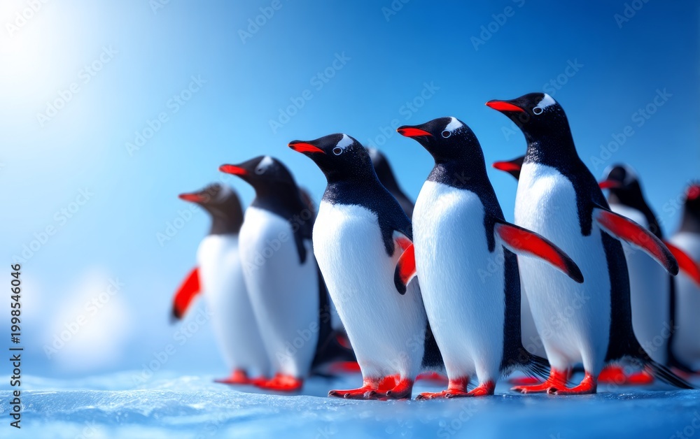 Obraz premium Group of Penguins Standing Closely Together on Icy Ground Under Blue Sky