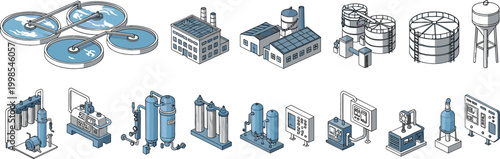 Industrial water treatment and factory equipment vector set with tanks, filters and processing units
