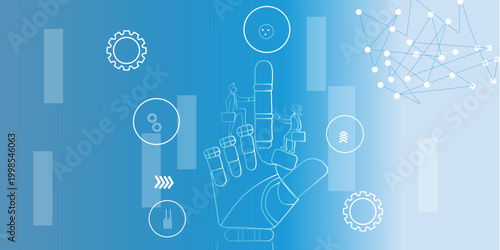 AI automation business concept with robot hand holding people, data charts, network nodes and gears on blue, digital transformation banner