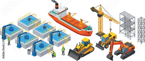Isometric construction and industrial equipment vector illustration set with crane, excavator, ship and machinery