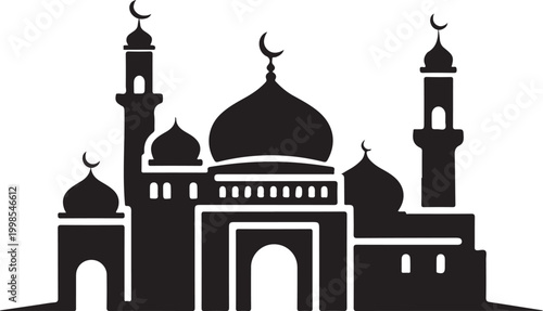 Islamic mosque silhouette vector, black masjid building with domes and minarets, religious architecture icon for Ramadan and Eid celebrations