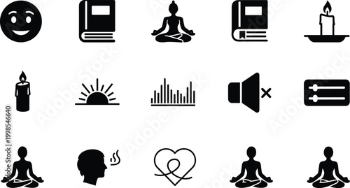 Meditation mindfulness icons set, relaxation, emotional well‑being, reading books, sound therapy, sunrise, yoga, healthcare wellness illustration design