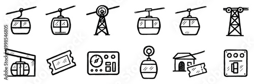 Transport icons with gondola cabin ticket outline