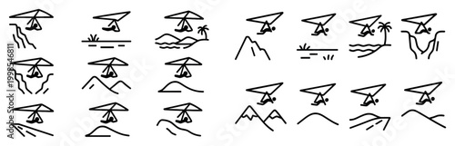 Travel icons with plane mountain wave outline