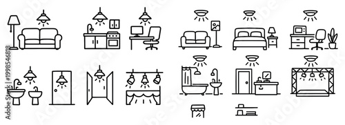 Home interior icons with sofa lamp bed outline