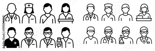 Healthcare personnel icons with doctor nurse scientist outline