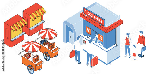 Isometric street market stalls and ticket office illustration with food carts shops and people queue vector collection