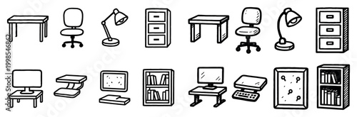 Office icons with desk chair lamp sketch