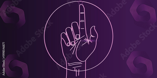 Neon purple hand with pointing finger in glowing circle, futuristic touch interface icon on dark backdrop, web banner template for app UI design style