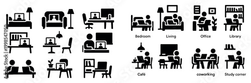 Workspace icons with bed desk and chair glyph
