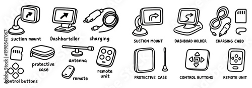 Car dashboard icons with suction mount cables outline
