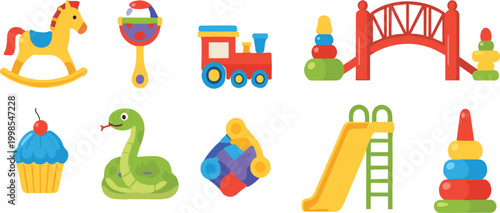 Kids toys and playground icon set with train slide blocks balloons car and colorful children objects vector illustration collection