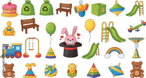 Kids toys and playground illustration set with slide swing train teddy bear balloons and colorful children play elements vector collection