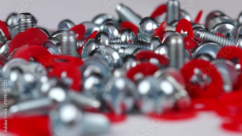 Metal mounting screws close-up. Macro image.