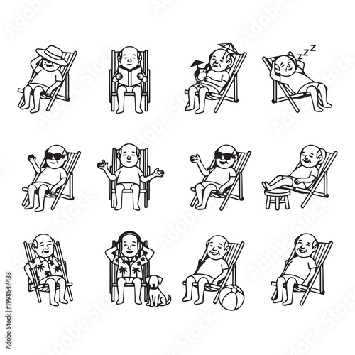 Elderly people relaxing on beach chairs in various poses and activities during summer vacation