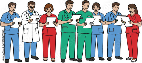 Medical team vector illustration with doctors and nurses reading reports