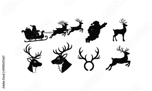 Santa sleigh reindeer vector set silhouette illustration christmas holiday.