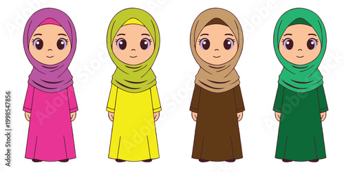 Four cartoon muslim women in colorful hijabs and traditional dress