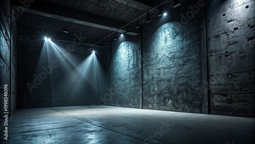 Abandoned industrial room, dimly lit, concrete interior, spotlight beams, empty space