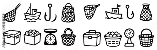 Fishing icons with boat hook net outline