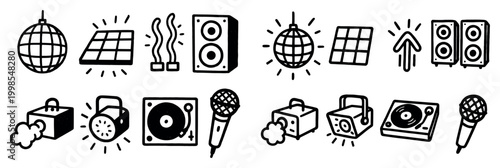 Music icons with disco ball speaker turntable outline