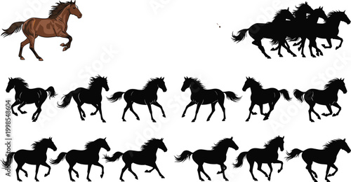 Running horse silhouettes vector set with galloping horses and herd illustration