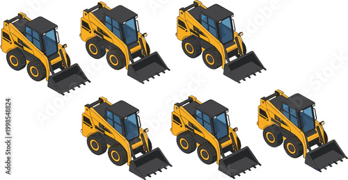 Skid steer loader vector set with construction machinery and front loader equipment