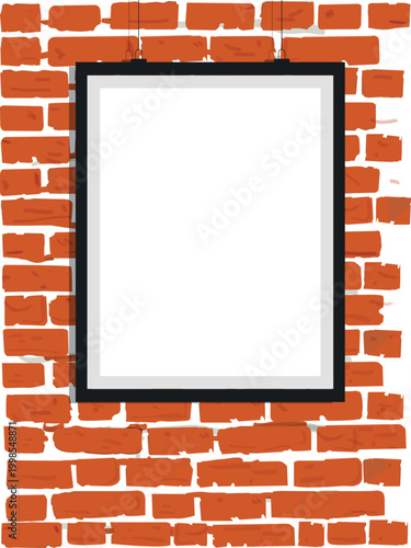Blank Vertical Poster Frame Mockup Hanging on an Orange Brick Wall  Minimalist Interior Decor Template for Art Gallery Presentation Photography Display and Creative Works.