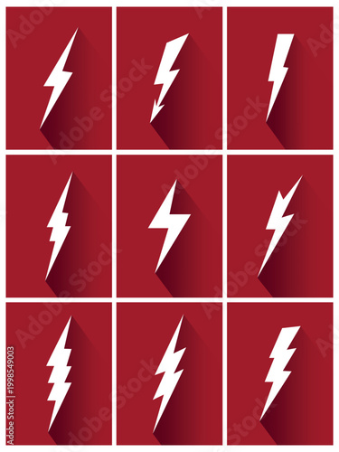 White Lightning Bolt Icons with Long Shadows  Design Representing Power Energy Speed Electricity Thunder Flash and Weather Phenomenon.