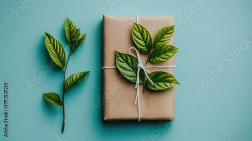Rectangular package wrapped in brown material adorned with green foliage rests beside a single plant stem on a cool blue surface