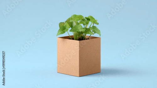 Small green houseplant grows in a simple brown container against a light blue background