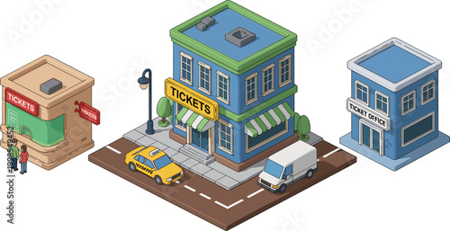 Ticket office and booth vector illustration set with city street, taxi and kiosk buildings