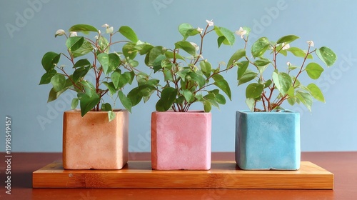 Three small leafy houseplants sit in colorful square ceramic containers atop a wooden tray