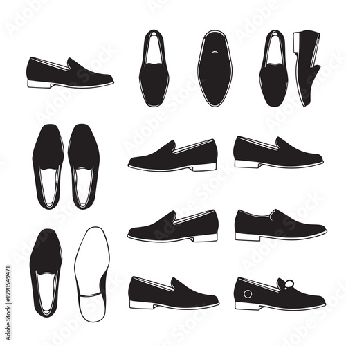 Collection of black leather loafers and moccasins shown from multiple angles