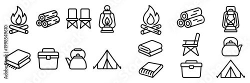 Camping icons with tent lantern kettle minimal