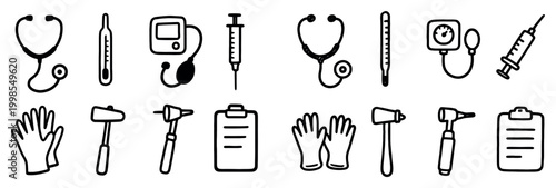 Medical icons with stethoscope syringe gloves outline