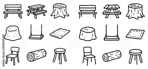 Outdoor icons with bench stump swing minimal