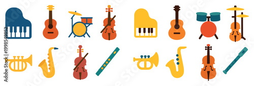 Music icons with piano guitar and drums colorful