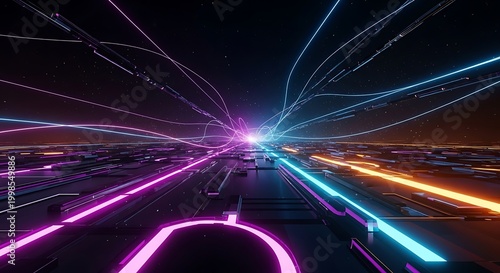 Futuristic city night highway with neon light trails and digital speed effect