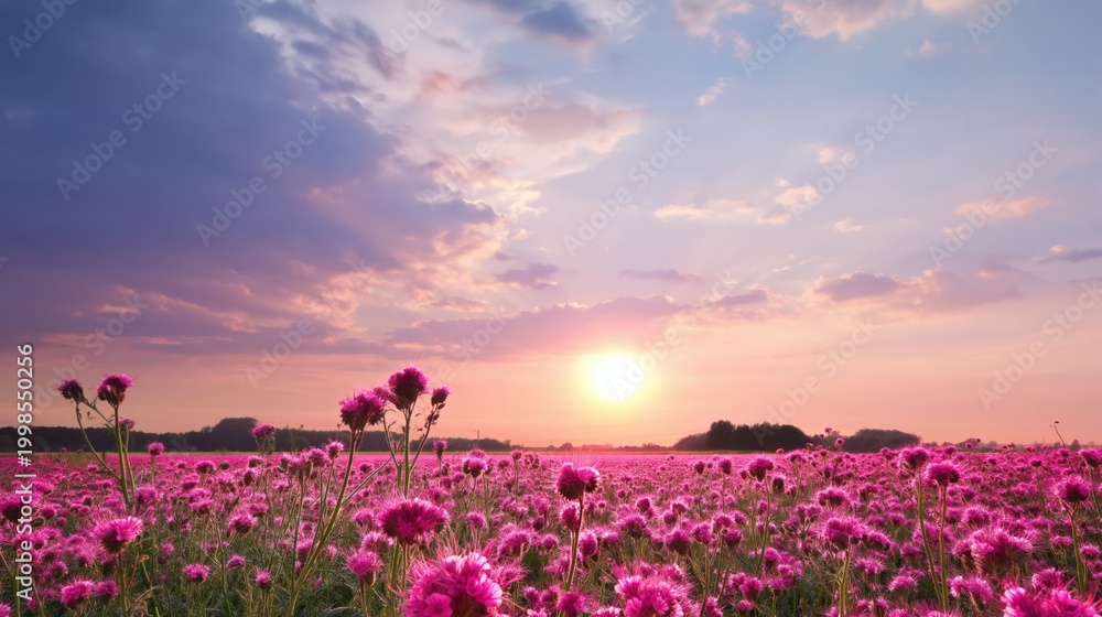 Fototapeta premium Wide pink wildflower landscape under colorful sunset sky