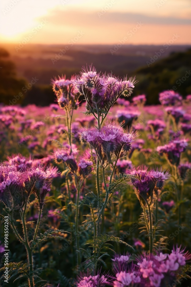 Fototapeta premium Tall purple thistle stems standing in sunset hillside field