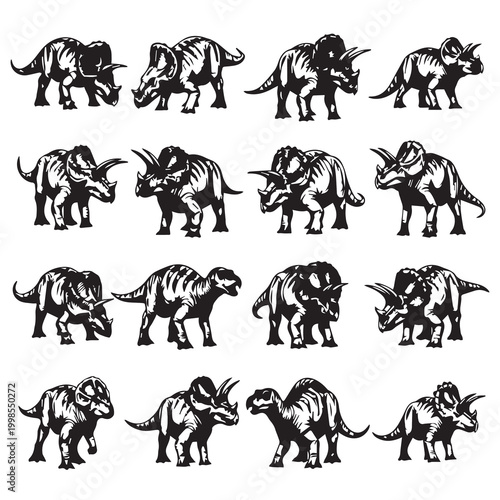 Collection of diverse dinosaur silhouettes in various poses and perspectives for graphic design