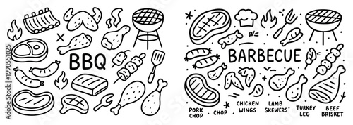 Barbecue icons with grill meat doodle