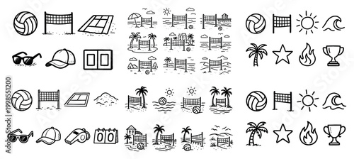 Beach volleyball doodle icons set
