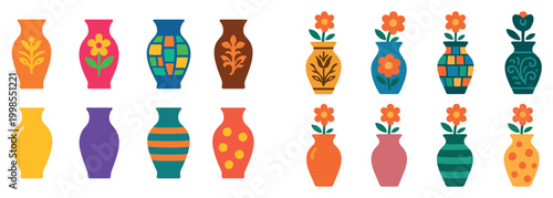 Home decor icons with vases flowers colorful