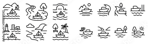 Travel icons with boat lighthouse island outline