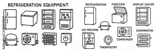 Refrigeration icons with refrigerator freezer compressor outline